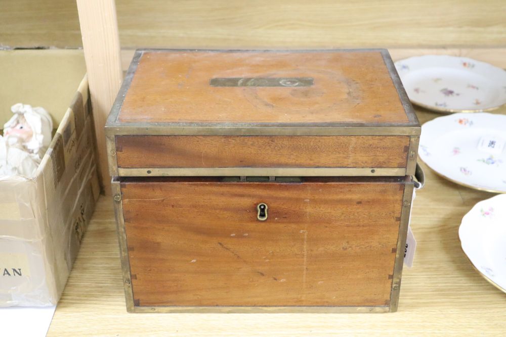 A brass bound six bottle decanter box, containing six cut glass bottles, height 24cm